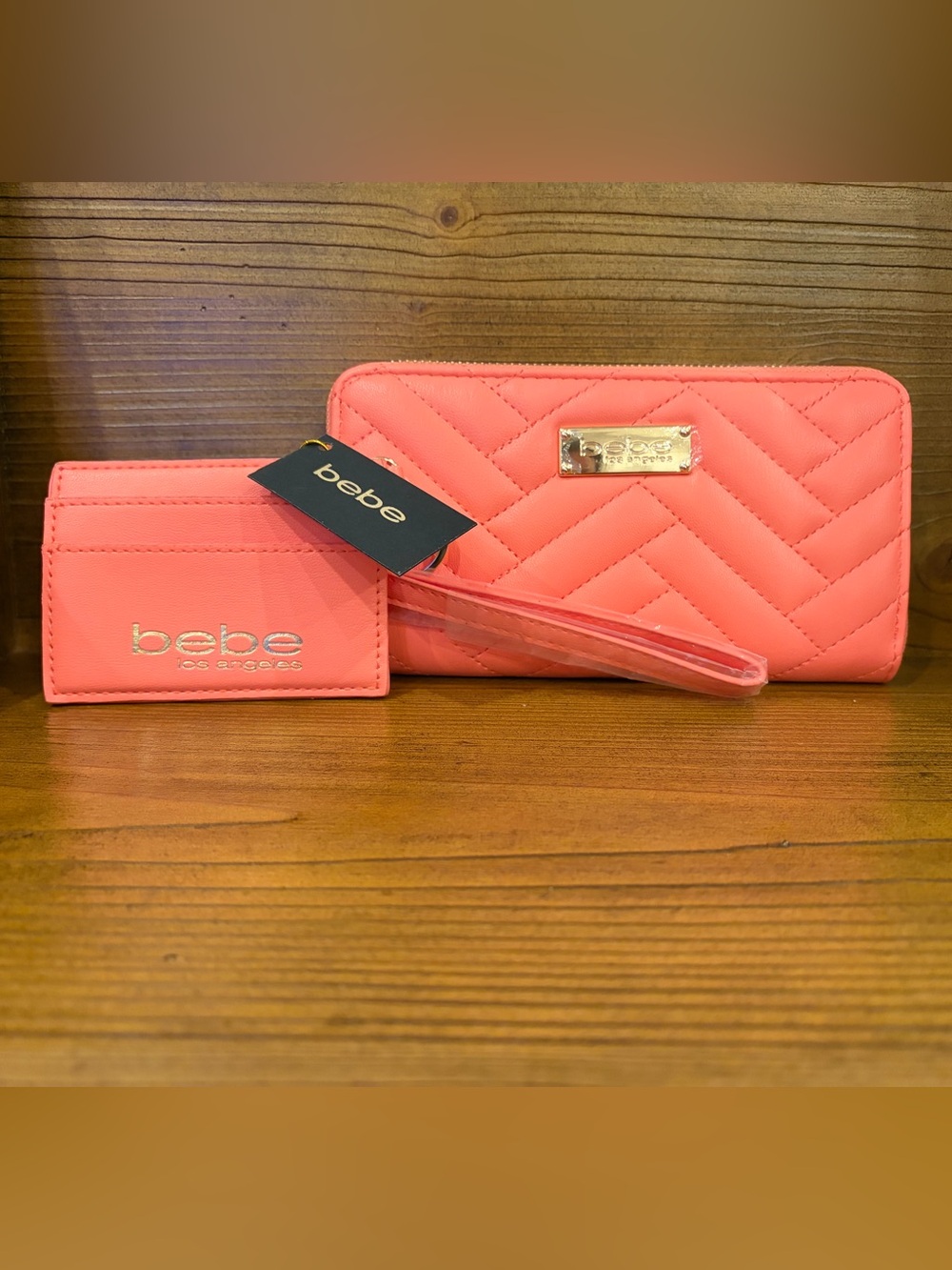 bebe Coral Quilted Wristlet and Card Holder Set